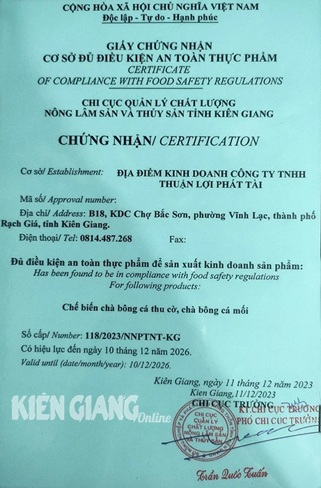 Giấy chứng nhận Cơ sở đủ điều kiện An Toàn Thực Phẩm